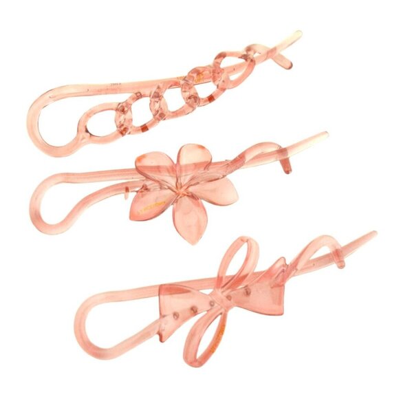 French Hair Clips Set of 3 Crystal Pink Celluloid Bow Flower Chain Non Slip main image 7